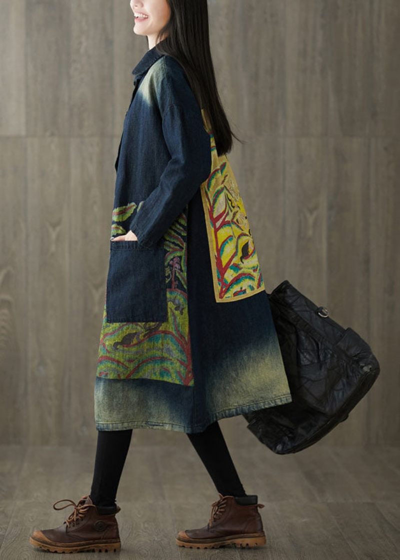 Monterade Marinblå Peter Pan Krage Fickor Print Denim Trench Spring - Trenchcoats för kvinnor