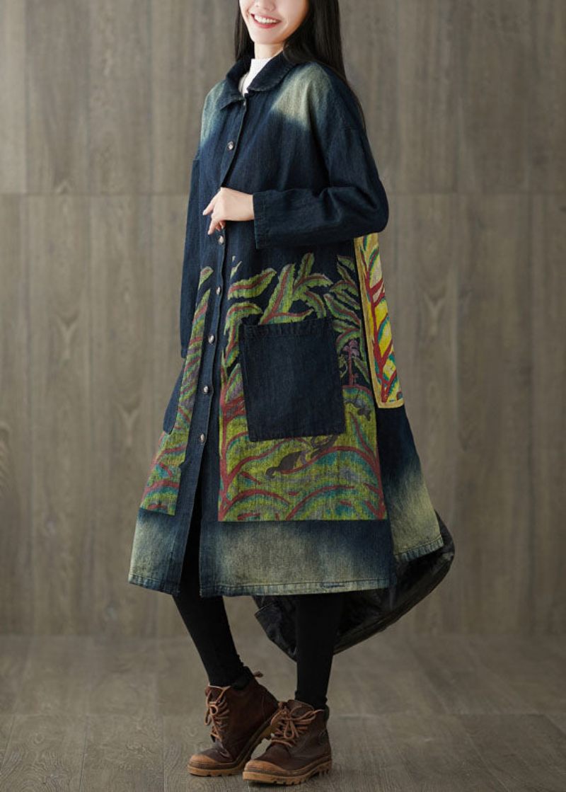 Monterade Marinblå Peter Pan Krage Fickor Print Denim Trench Spring - Trenchcoats för kvinnor