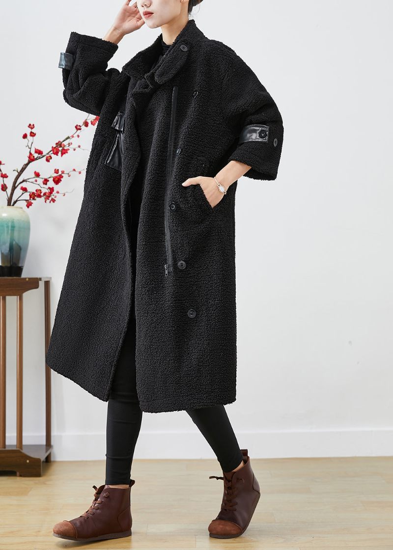 Monterade Svarta Överdimensionerade Patchworkfickor Cashmere Trench Winter