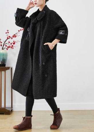 Monterade Svarta Överdimensionerade Patchworkfickor Cashmere Trench Winter