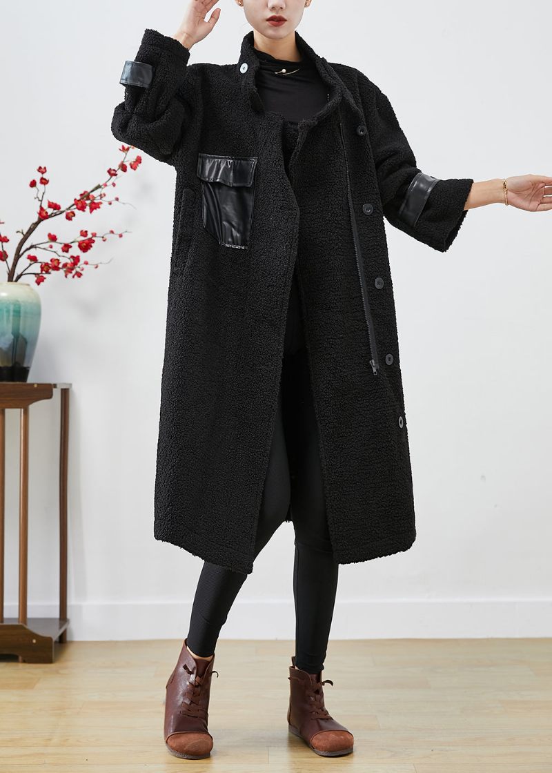 Monterade Svarta Överdimensionerade Patchworkfickor Cashmere Trench Winter - Trenchcoats för kvinnor