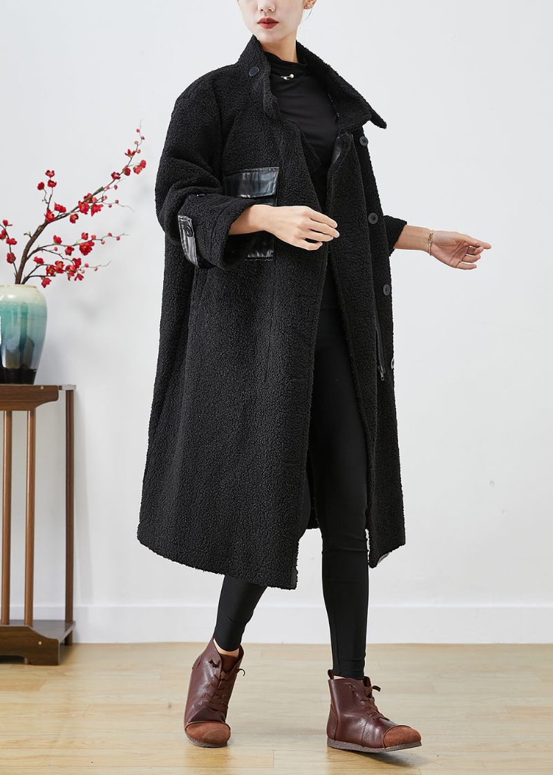 Monterade Svarta Överdimensionerade Patchworkfickor Cashmere Trench Winter - Trenchcoats för kvinnor