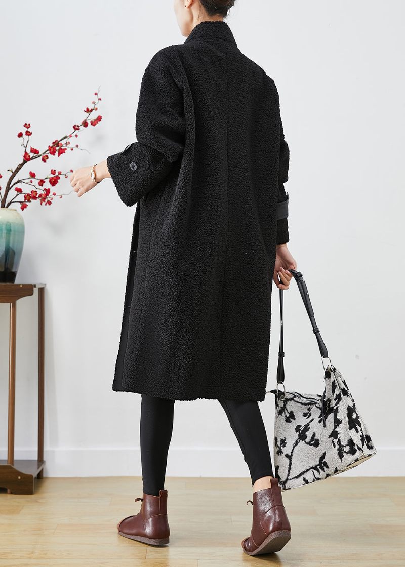 Monterade Svarta Överdimensionerade Patchworkfickor Cashmere Trench Winter - Trenchcoats för kvinnor