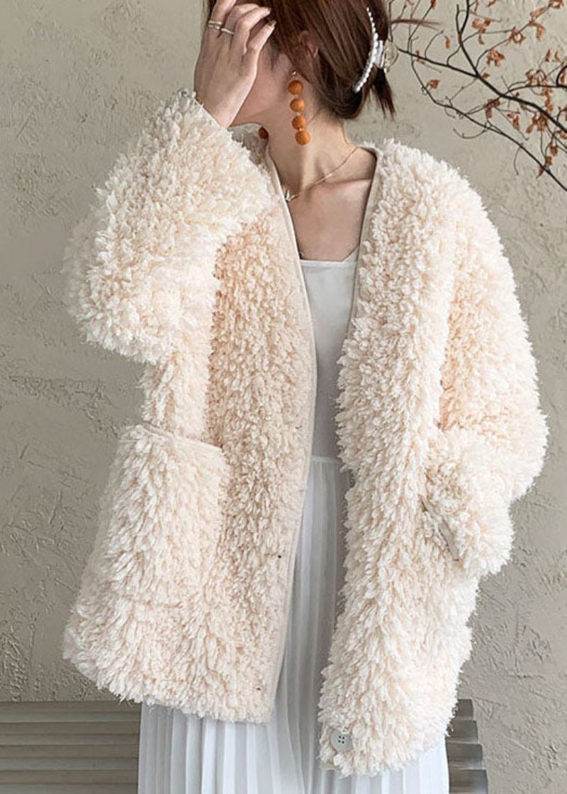 Monterade Vita V-halsfickor Faux Fur Coat Ytterkläder Vinter