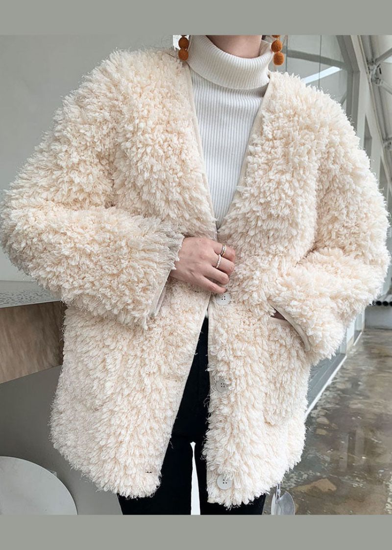 Monterade Vita V-halsfickor Faux Fur Coat Ytterkläder Vinter - Dunjackor för kvinnor