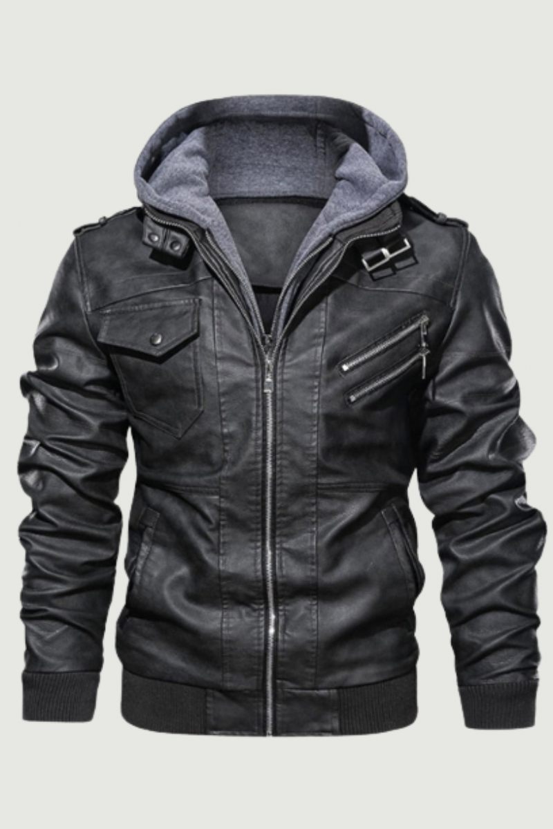 Motorcycle Leather Jacket Men Windbreaker Hooded Jacket Male Outwear Faux Leather Men Jackets Euro