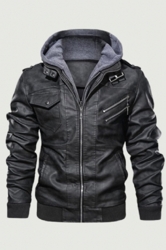 Motorcycle Leather Jacket Men Windbreaker Hooded Jacket Male Outwear Faux Leather Men Jackets Euro