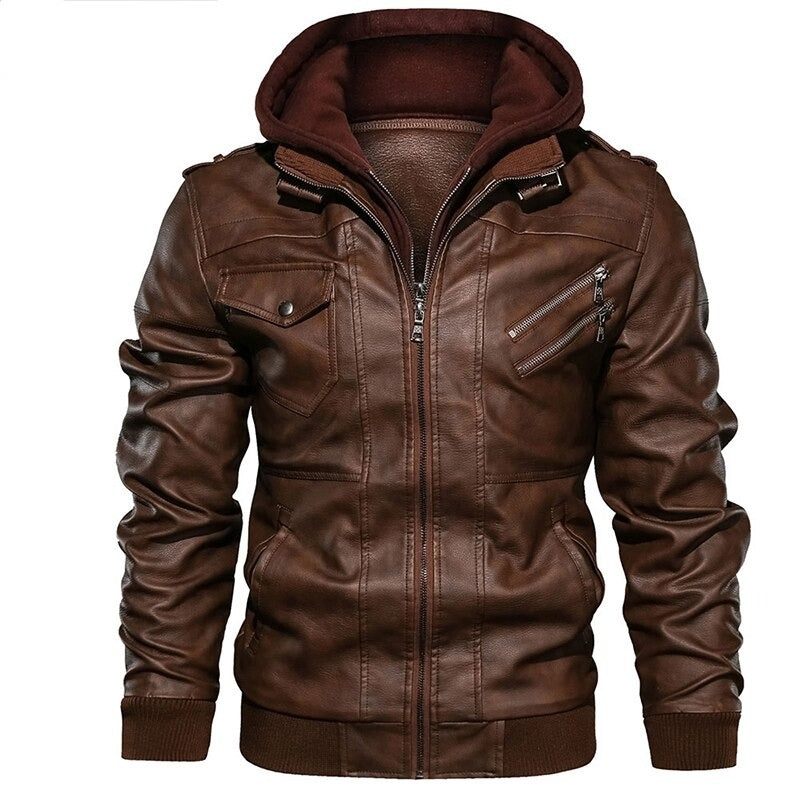 Motorcycle Leather Jacket Men Windbreaker Hooded Jacket Male Outwear Faux Leather Men Jackets Euro - Kaffe