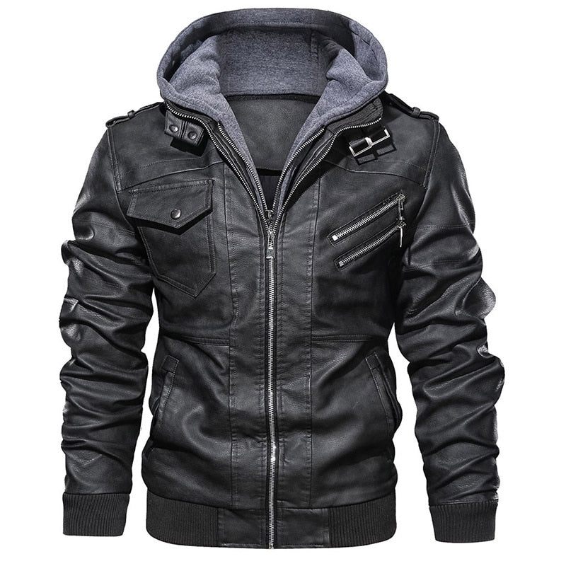 Motorcycle Leather Jacket Men Windbreaker Hooded Jacket Male Outwear Faux Leather Men Jackets Euro - Kaffe