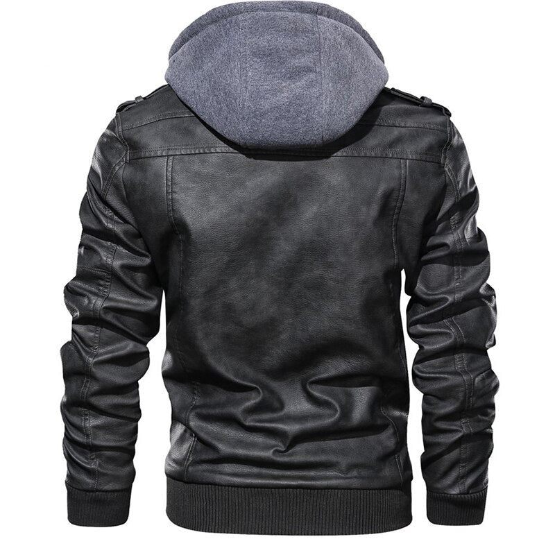 Motorcycle Leather Jacket Men Windbreaker Hooded Jacket Male Outwear Faux Leather Men Jackets Euro - Kaffe