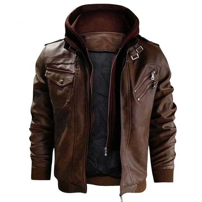 Motorcycle Leather Jacket Men Windbreaker Hooded Jacket Male Outwear Faux Leather Men Jackets Euro - Kaffe