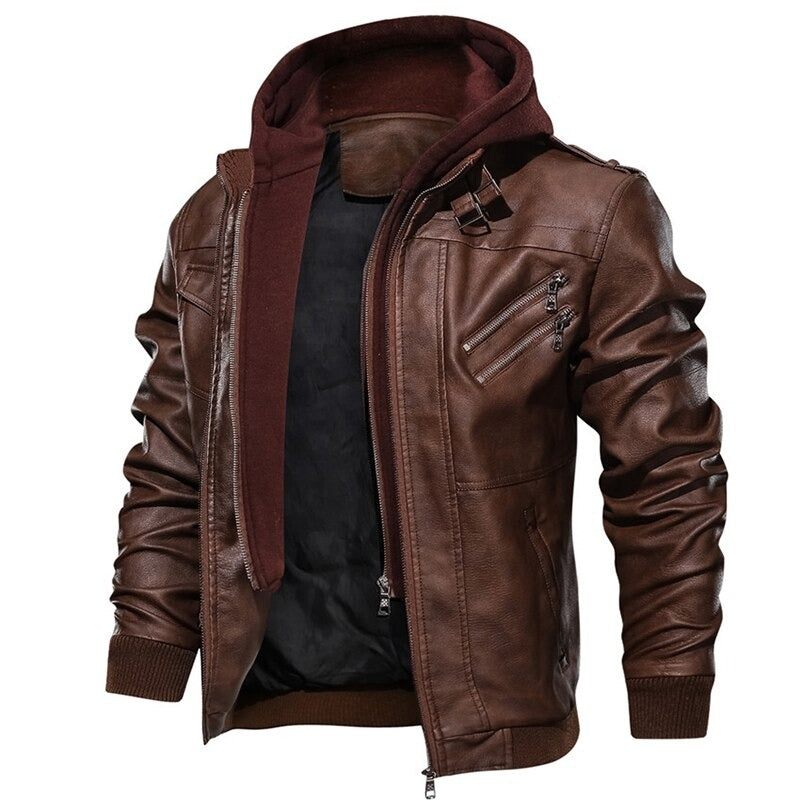 Motorcycle Leather Jacket Men Windbreaker Hooded Jacket Male Outwear Faux Leather Men Jackets Euro - Kaffe