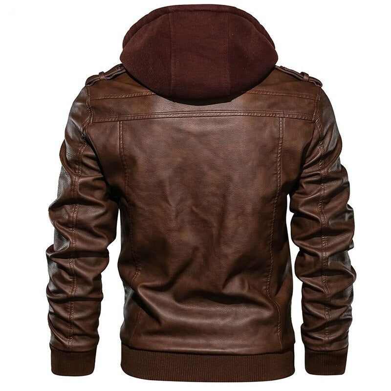 Motorcycle Leather Jacket Men Windbreaker Hooded Jacket Male Outwear Faux Leather Men Jackets Euro - Kaffe