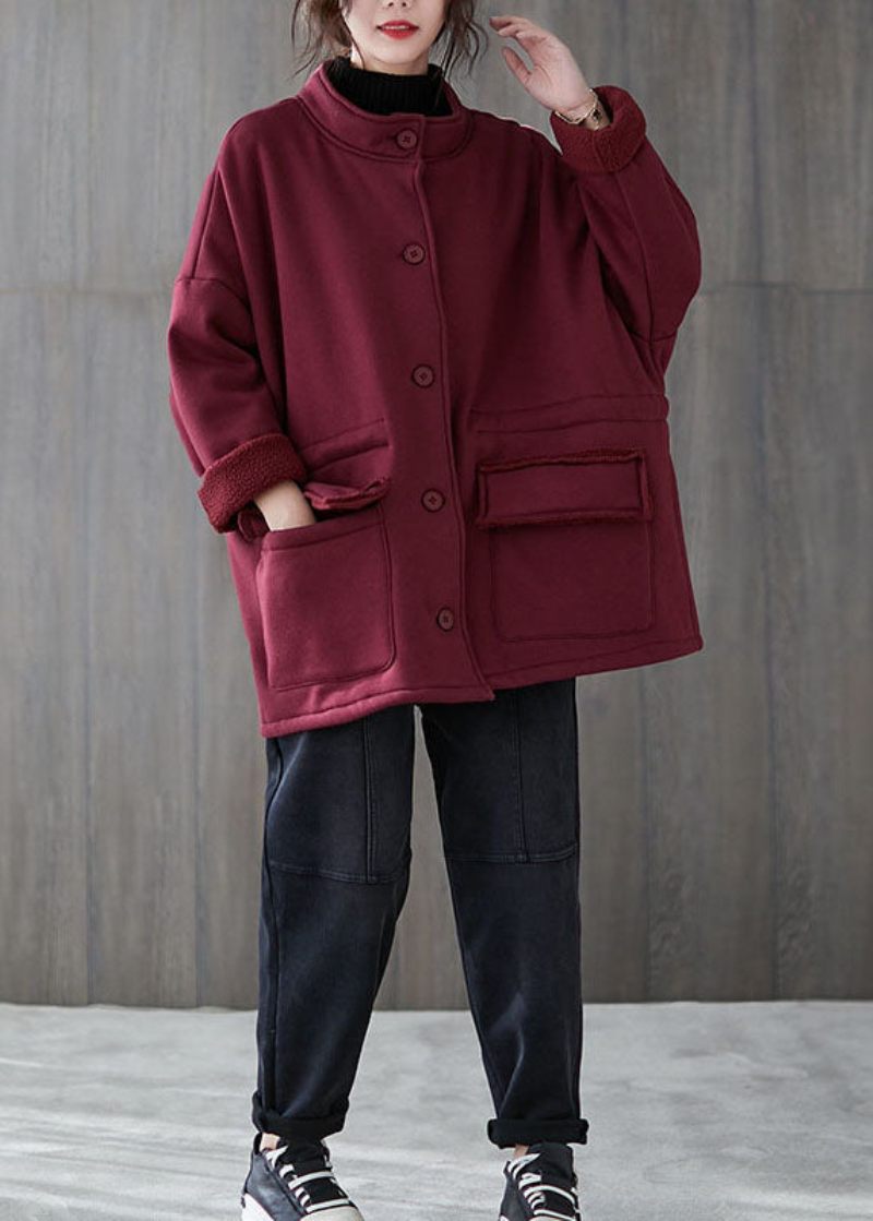 Mulberry Loose Pockets Button Fall Sweatshirt Coat - Vinterkappor för kvinnor