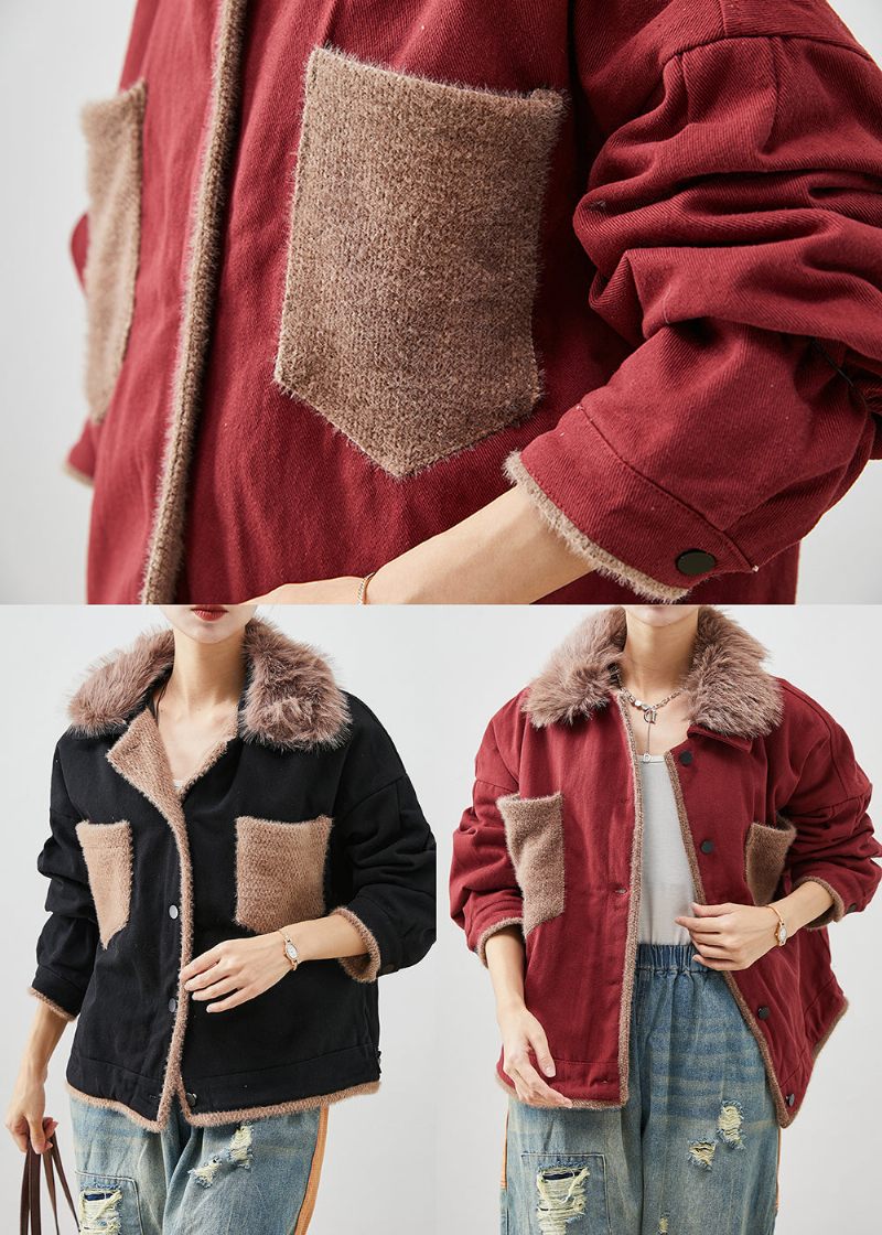 Mulberry Patchwork Cotton Coats Pälskrage Fall - Vinterkappor för kvinnor