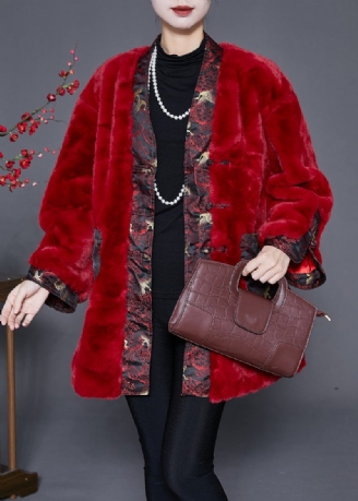 Mulberry Patchwork Faux Fur Coat Kinesisk Knapp Vinter