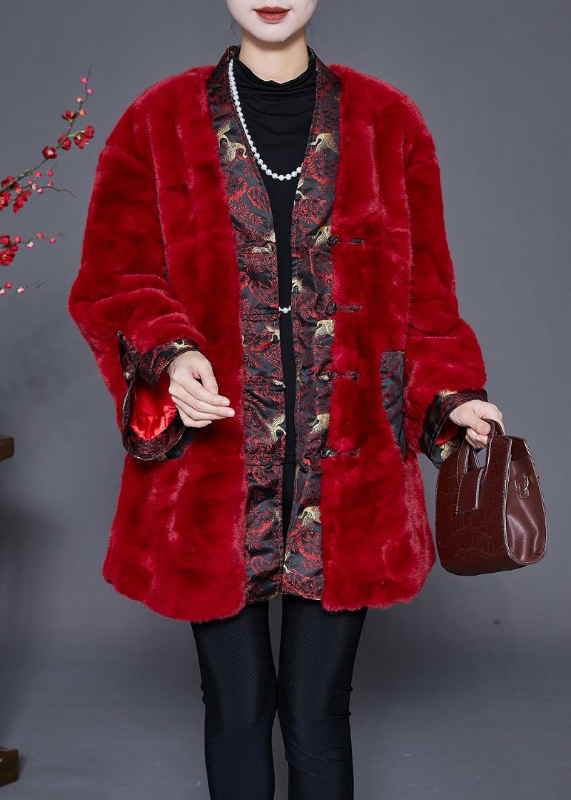 Mulberry Patchwork Faux Fur Coat Kinesisk Knapp Vinter - Vinterkappor för kvinnor