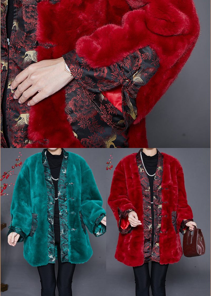 Mulberry Patchwork Faux Fur Coat Kinesisk Knapp Vinter - Vinterkappor för kvinnor