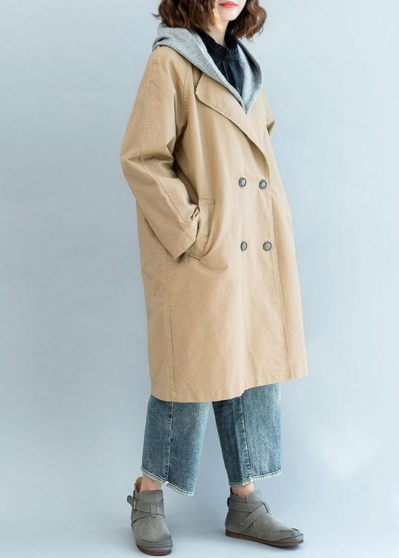 Natur Khaki Fin Trenchcoat Ärm Dubbelbröst Höstjackor - Trenchcoats för kvinnor