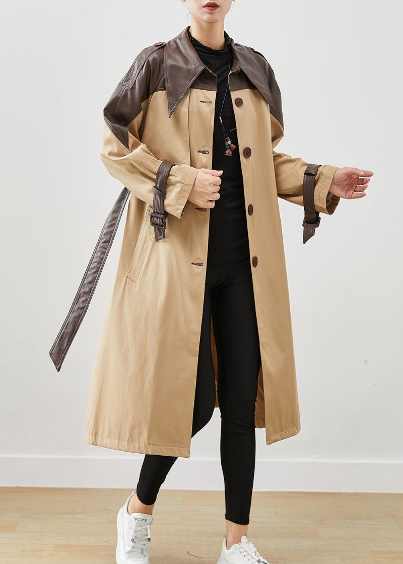 Naturlig Khaki Peter Pan Krage Patchwork Bomull Coats Spring - Trenchcoats för kvinnor