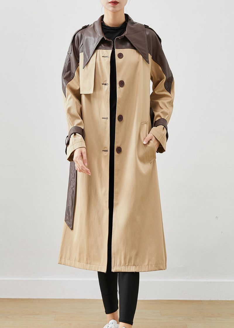 Naturlig Khaki Peter Pan Krage Patchwork Bomull Coats Spring - Trenchcoats för kvinnor