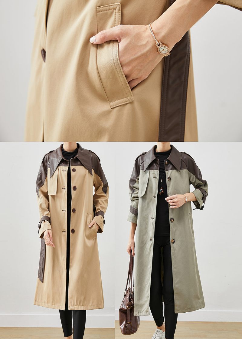 Naturlig Khaki Peter Pan Krage Patchwork Bomull Coats Spring - Trenchcoats för kvinnor