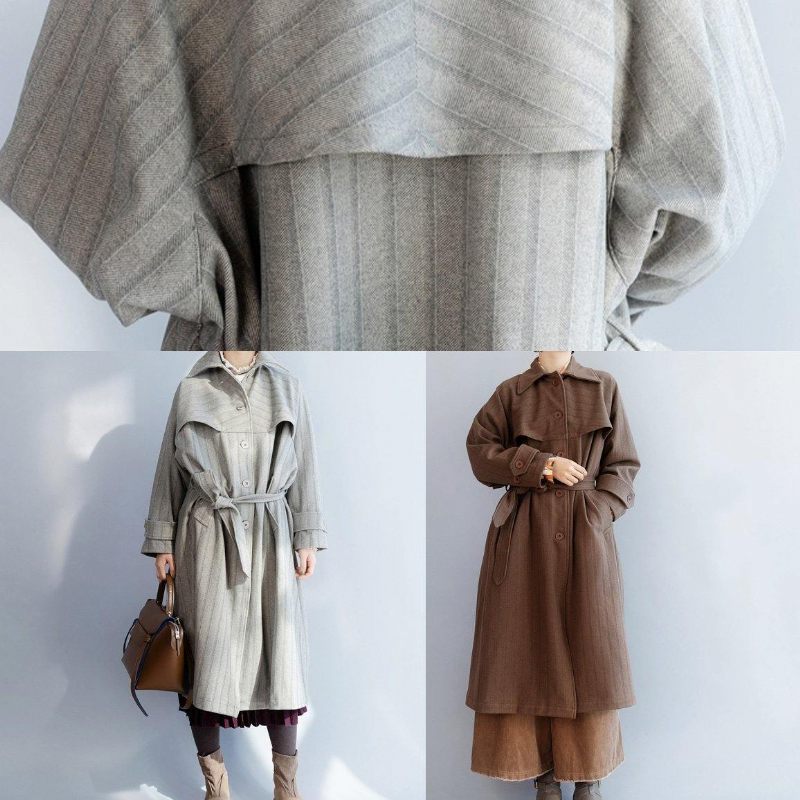 Naturlig Lapelkrage Mode Knyt Midja Kläder För Kvinnor Grå Baggy Coat - Choklad