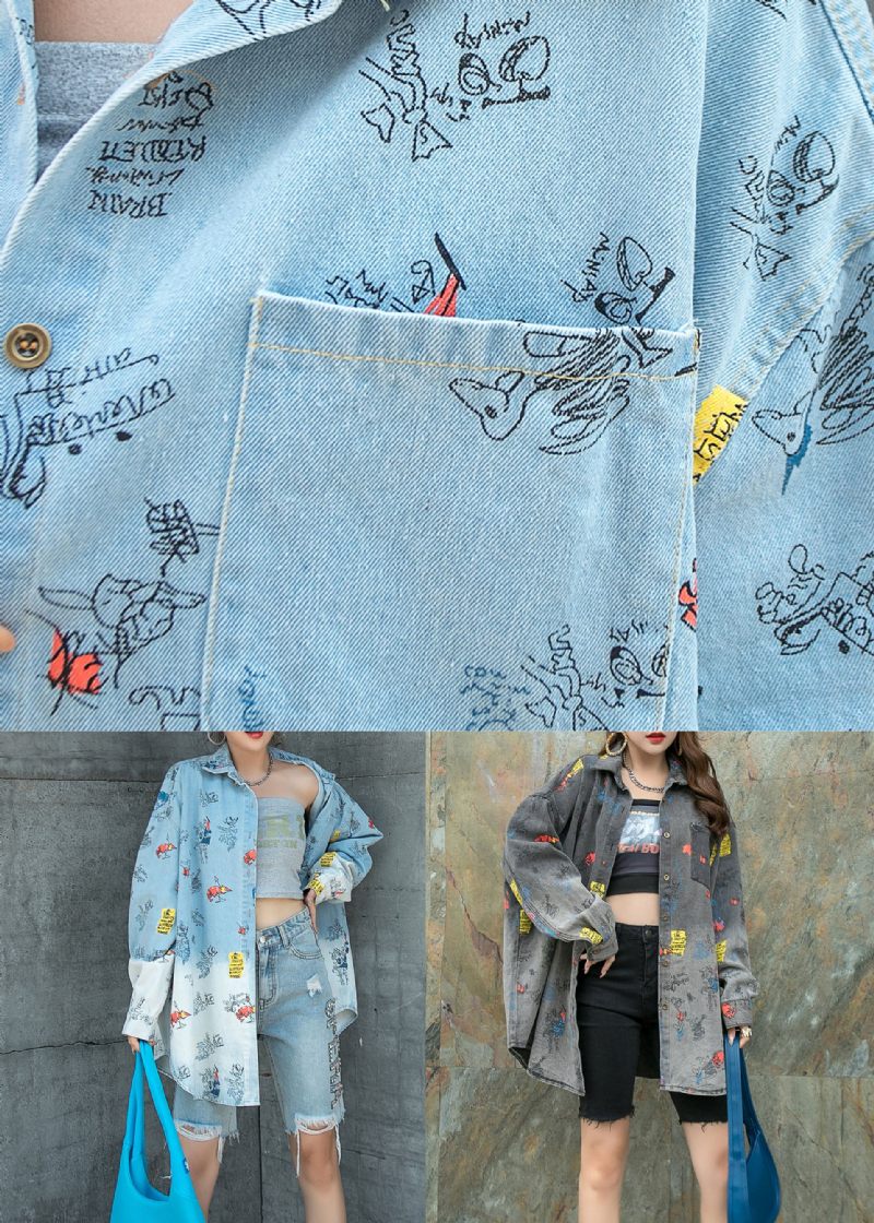 Naturlig Ljusblå Peter Pan Krage Fickor Patchwork Denim Coat Spring - Ljusblå