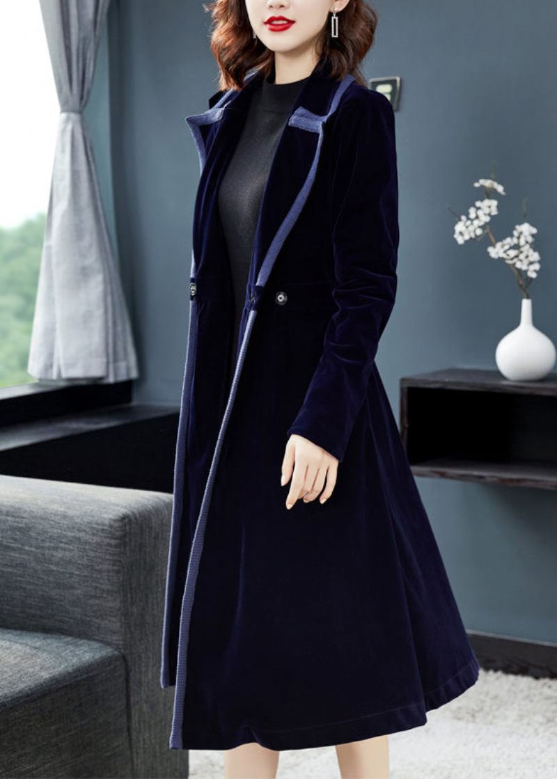 Naturlig Marin Peter Pan Krage Knapp Patchwork Velour Trench Coat Fall - Trenchcoats för kvinnor