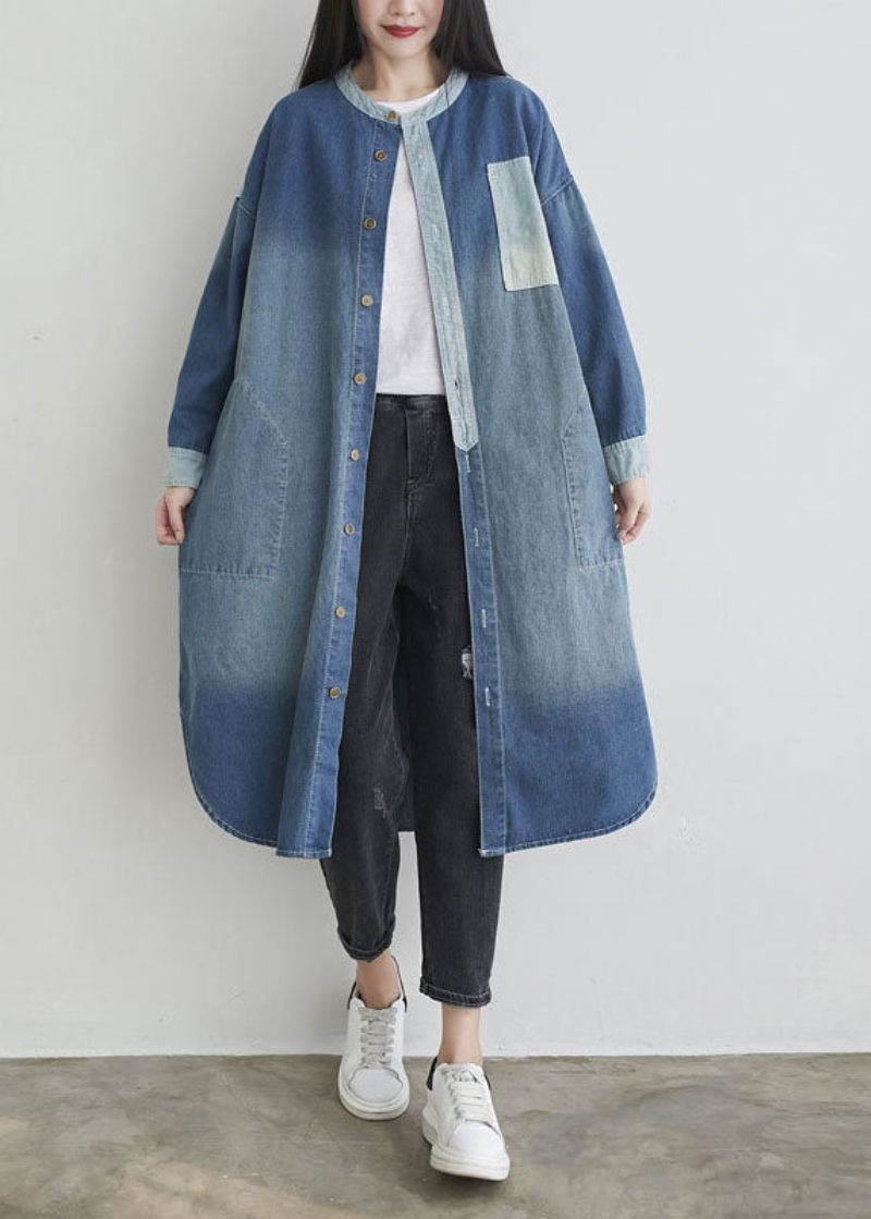 Naturliga Blå O-halsfickor Patchwork Denim Ytterkläder Spring - Vinterkappor för kvinnor