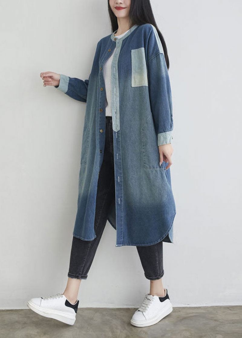 Naturliga Blå O-halsfickor Patchwork Denim Ytterkläder Spring - Vinterkappor för kvinnor