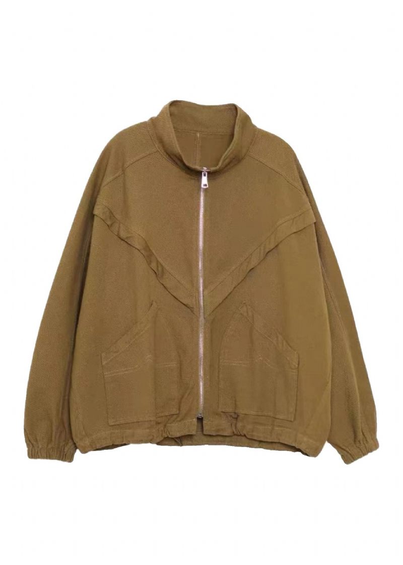 Naturliga Khaki Zip Up Fickor Patchwork Bomull Coat Höst - Vinterkappor för kvinnor