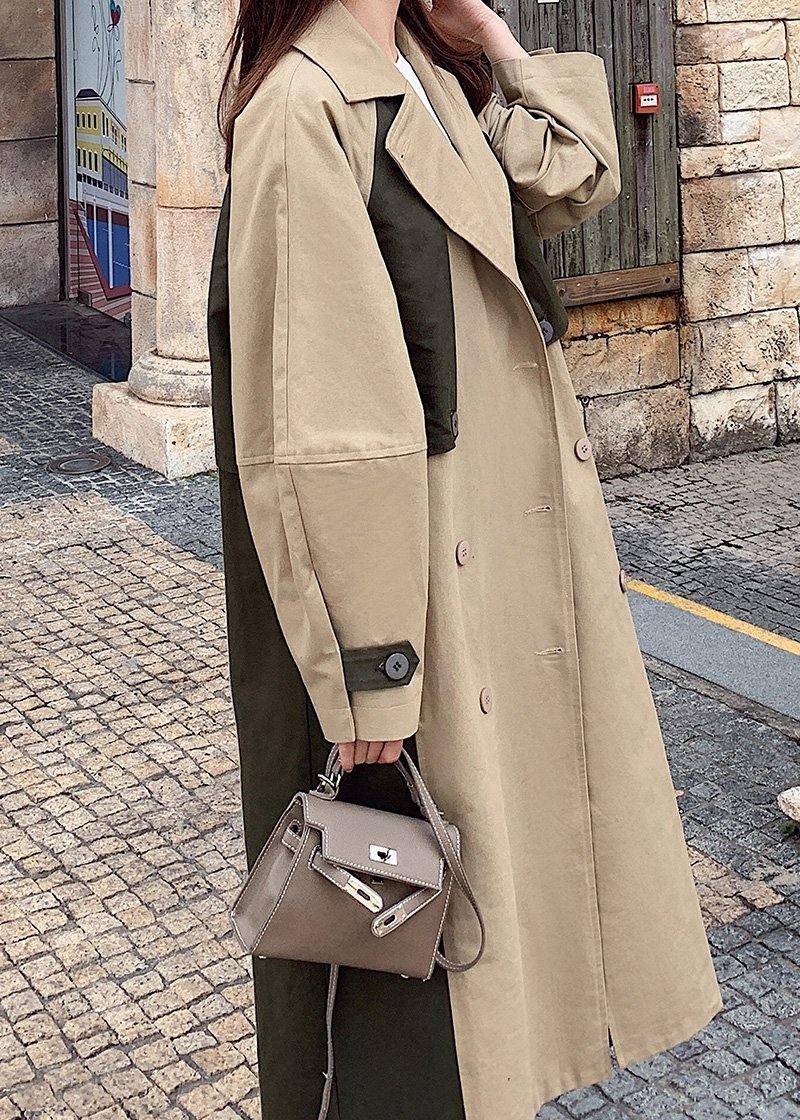 Naturligt Dubbelbröst Fint Patchwork Långa Kappor Khaki Oversized - Trenchcoats för kvinnor