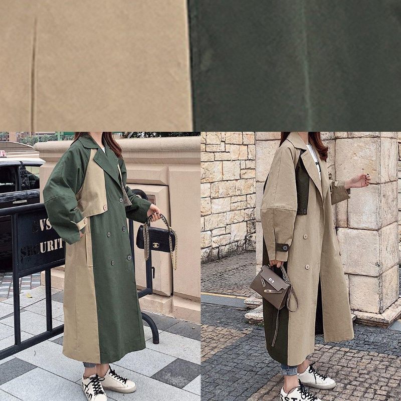 Naturligt Dubbelbröst Fint Patchwork Långa Kappor Khaki Oversized - Trenchcoats för kvinnor