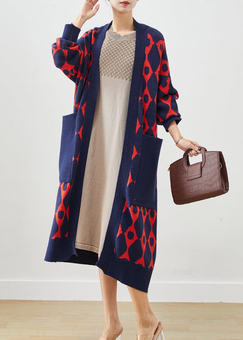 Navy Print Stickad Cardigan Oversized Fickor Fall