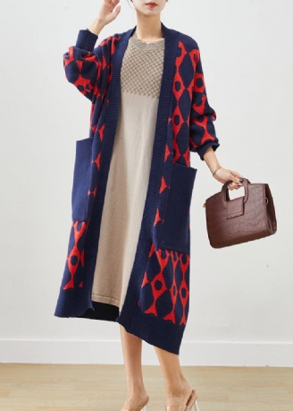 Navy Print Stickad Cardigan Oversized Fickor Fall