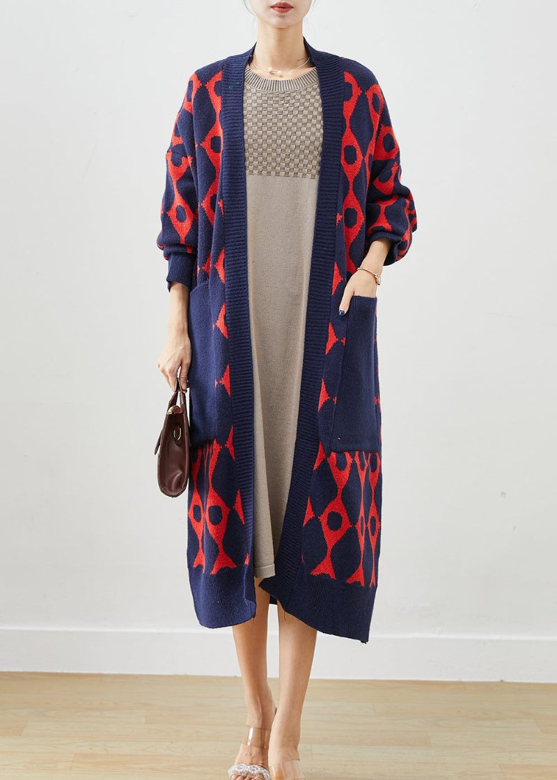 Navy Print Stickad Cardigan Oversized Fickor Fall - Koftor för kvinnor