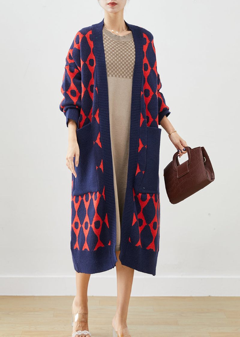 Navy Print Stickad Cardigan Oversized Fickor Fall - Koftor för kvinnor