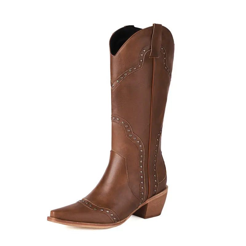 Nit Kvinnor Western Boots Höst Läder Kilar Knähöga Stövlar Vinter Cowboy Girl - Beige