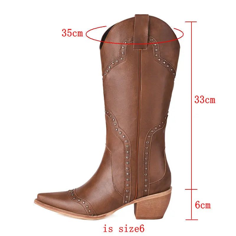 Nit Kvinnor Western Boots Höst Läder Kilar Knähöga Stövlar Vinter Cowboy Girl - Beige