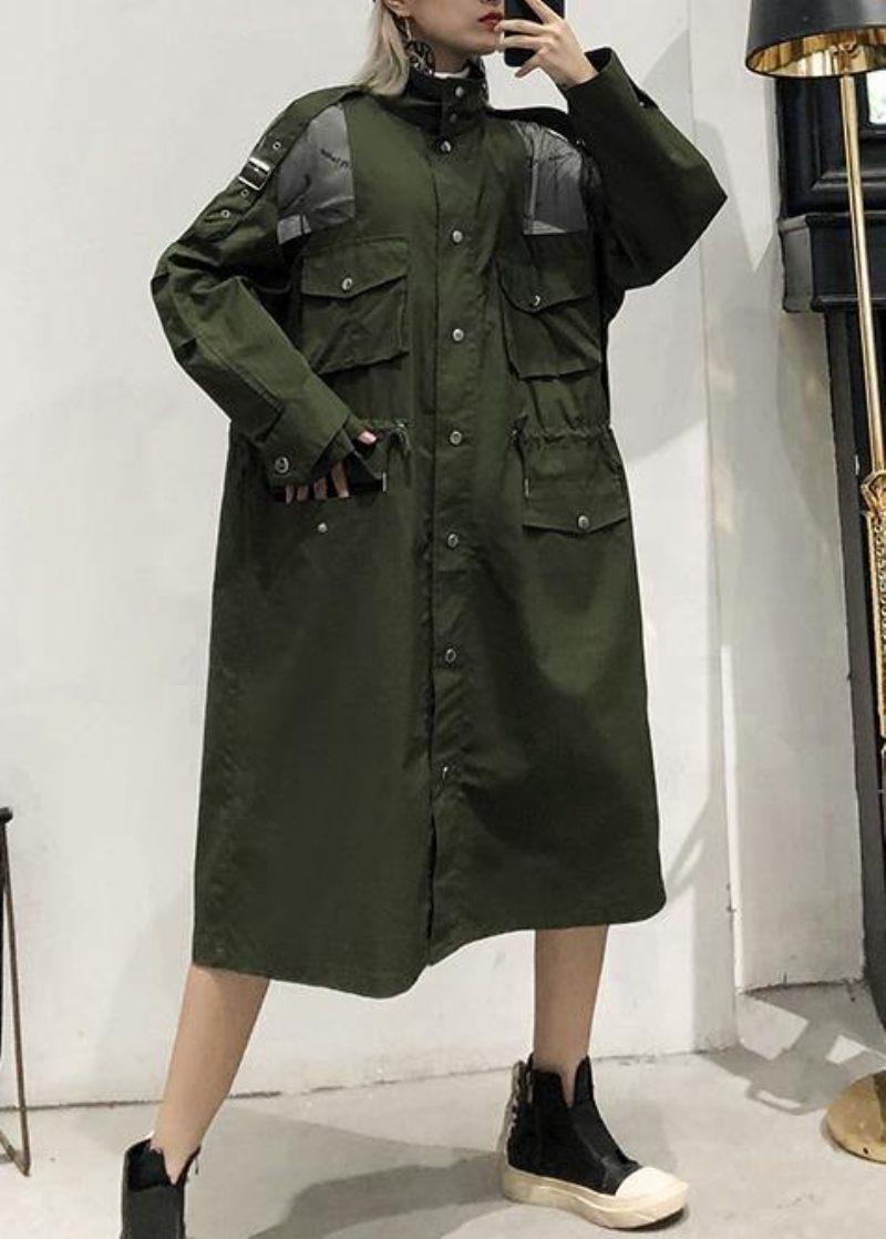 Ny Armégrön Överrock Trendiga Plus Size Långa Kavajer Med Dragsko - Trenchcoats för kvinnor