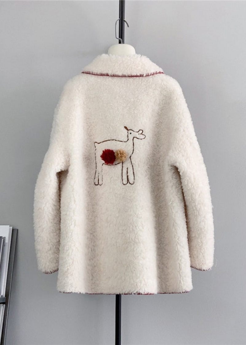 Ny Beige Fyrkantig Hals Lekfull Little Deer Wool Jacka Vinter - Ullrockar för kvinnor