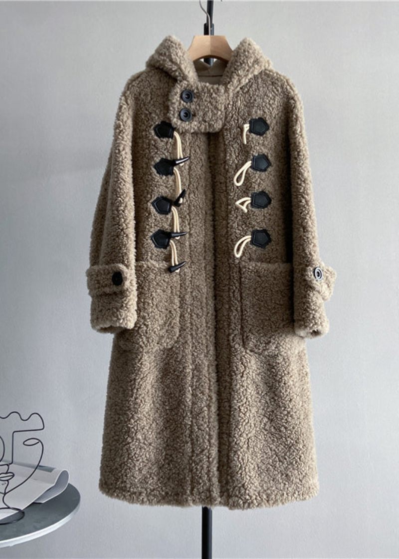 Ny Beige Ox Horn Button Pocket Hooded Wool Coat Winter - Ullrockar för kvinnor