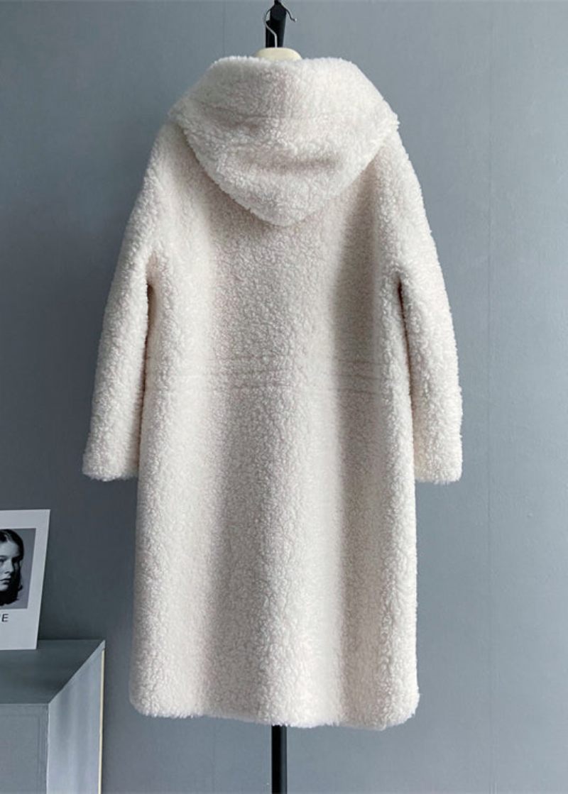 Ny Beige Ox Horn Button Pocket Hooded Wool Coat Winter - Ullrockar för kvinnor