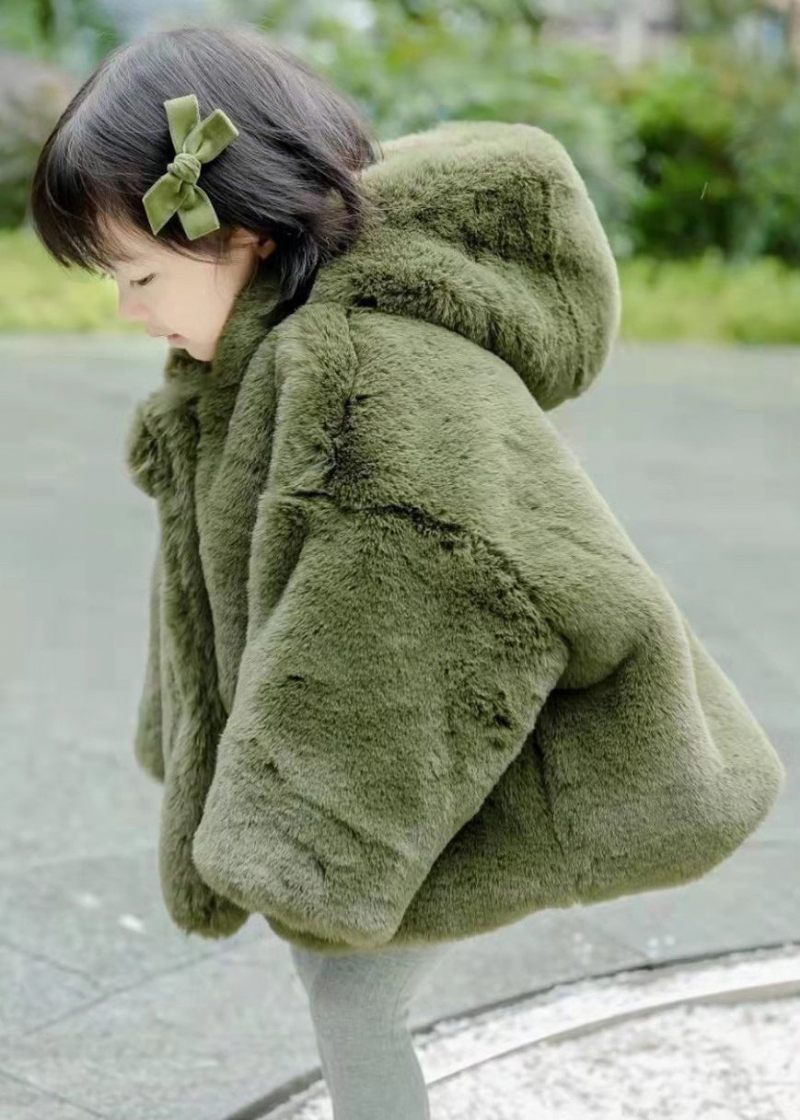 Ny Grön Huvaknapp Fuzzy Fur Girls Coat Spring