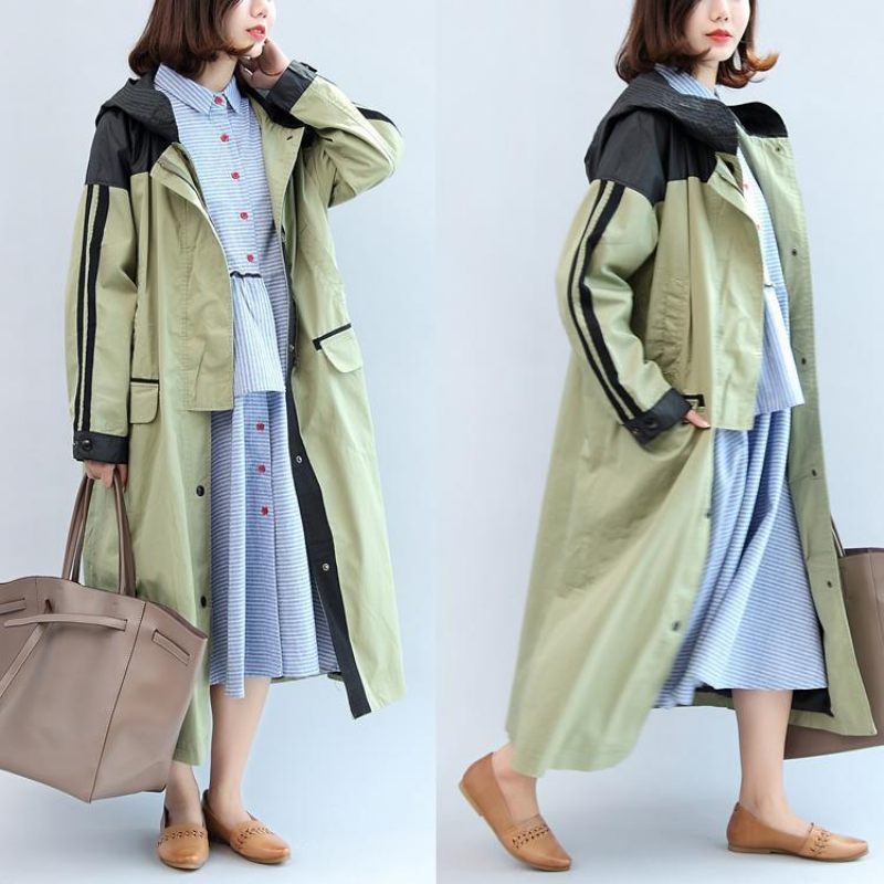 Ny Höst Linght Grön Lapptäcke Bomull Ytterkläder Plus Size Huva Maxi Kappa - Trenchcoats för kvinnor