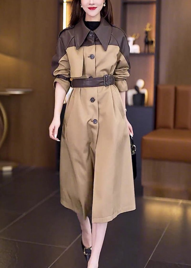 Ny Khaki Button Tie Midja Patchwork Bomull Lång Trench Coat Fall