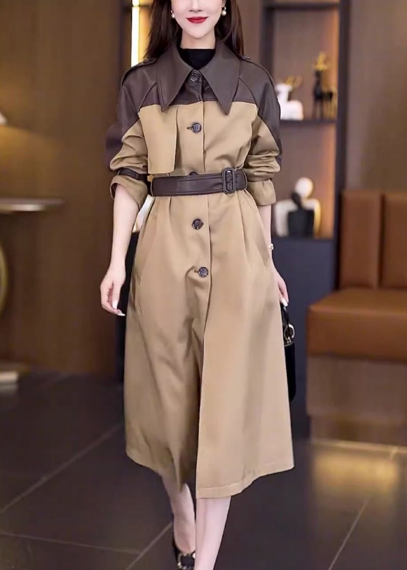 Ny Khaki Button Tie Midja Patchwork Bomull Lång Trench Coat Fall - Trenchcoats för kvinnor