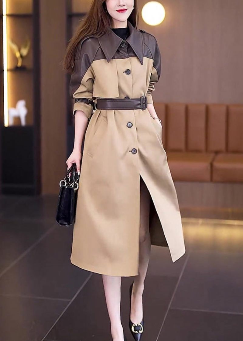 Ny Khaki Button Tie Midja Patchwork Bomull Lång Trench Coat Fall - Trenchcoats för kvinnor