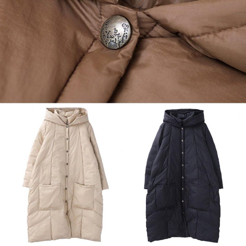 Ny Khaki Varm Vinterkappa Trendig Plus Size Snöjackor Med Luva Button Down Casual Överrock - Dunjackor för kvinnor